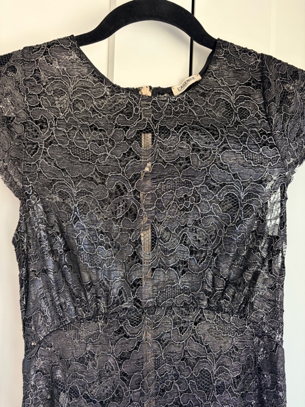 L'AGENCE Sheer Metallic Black Lace Midi Dress | 2 - Picture 5 of 8
